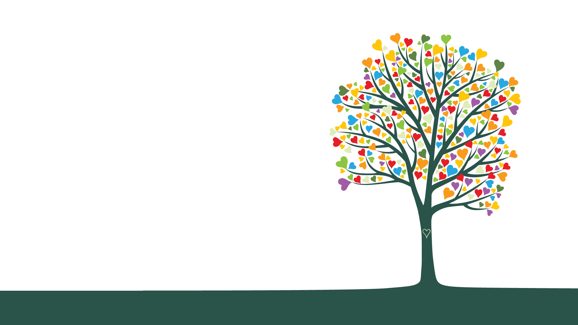 A tree of colorful hearts on dark green ground, set to the right with open space on the left — Share Your Story