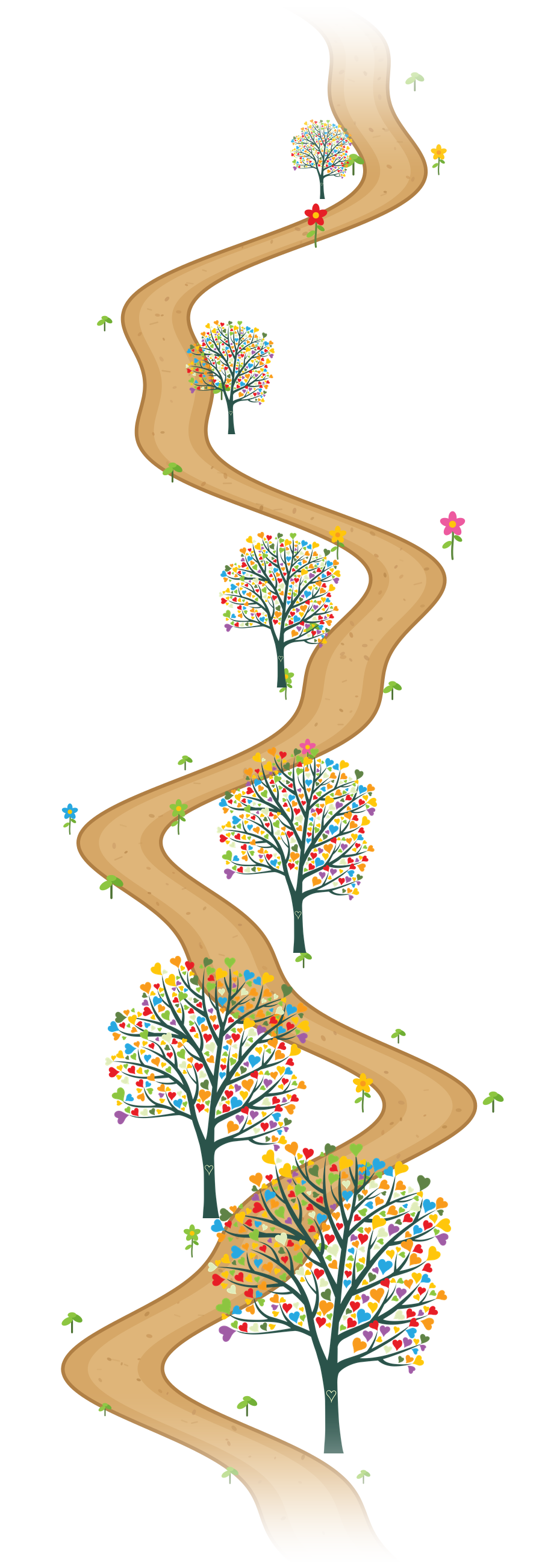 A winding path lined with heart-trees and flowers, traveling down through the journey.